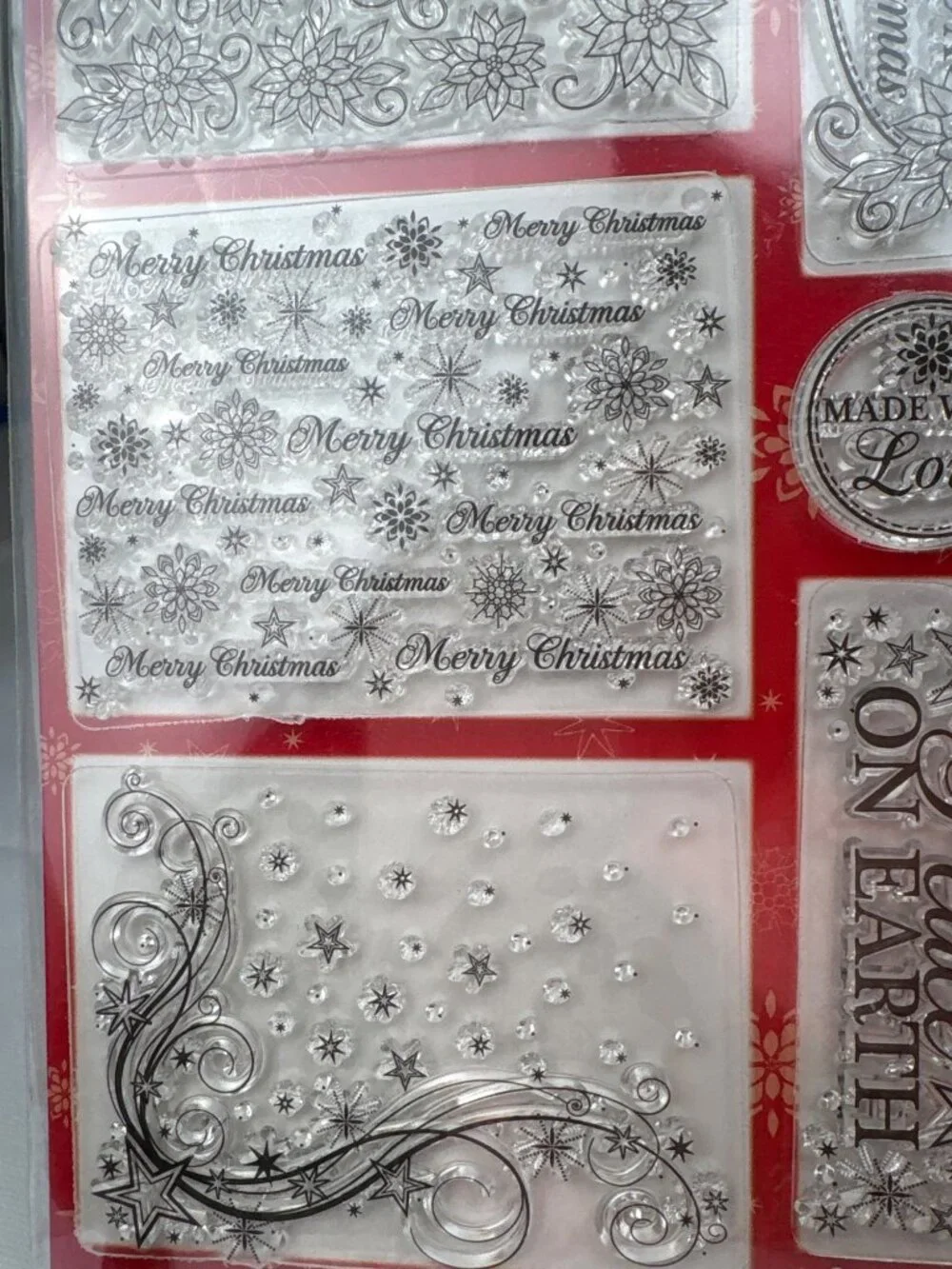 Festive Flourishes 3X Christmas Clear Cling Stamps Merry Sentiments & Patterns